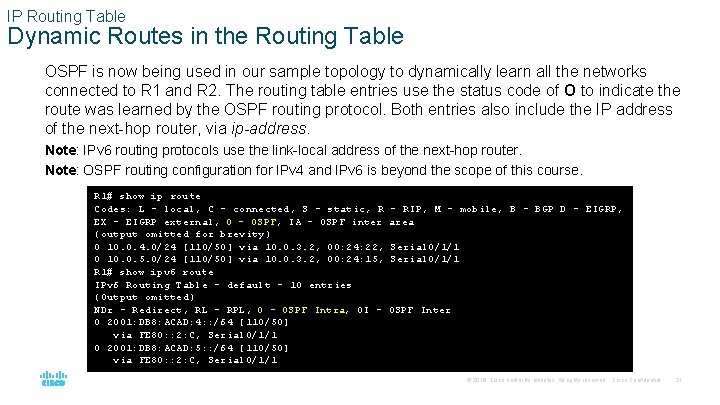 IP Routing Table Dynamic Routes in the Routing Table OSPF is now being used