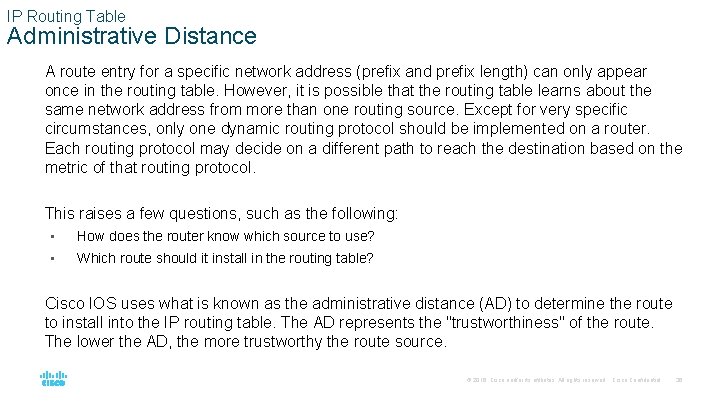 IP Routing Table Administrative Distance A route entry for a specific network address (prefix