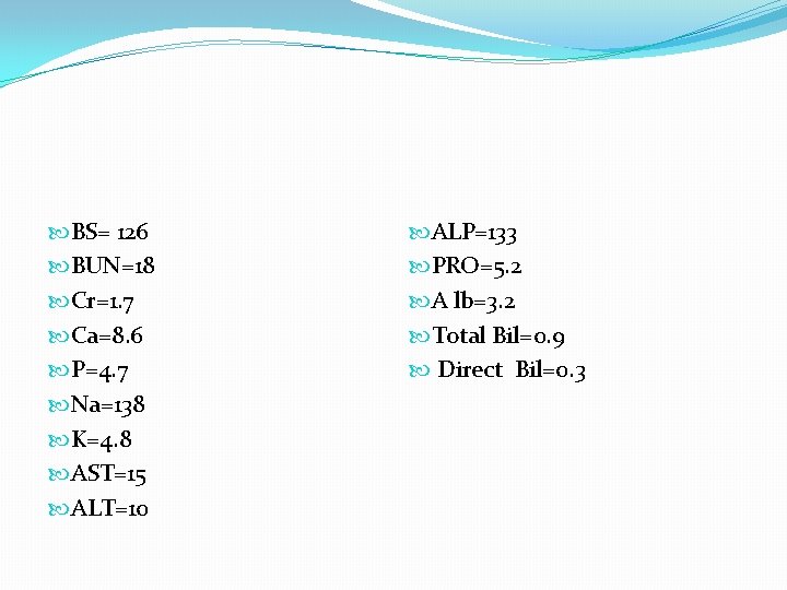 BS= 126 BUN=18 Cr=1. 7 Ca=8. 6 P=4. 7 Na=138 K=4. 8 AST=15 BS= 126 BUN=18 Cr=1. 7 Ca=8. 6 P=4. 7 Na=138 K=4. 8 AST=15