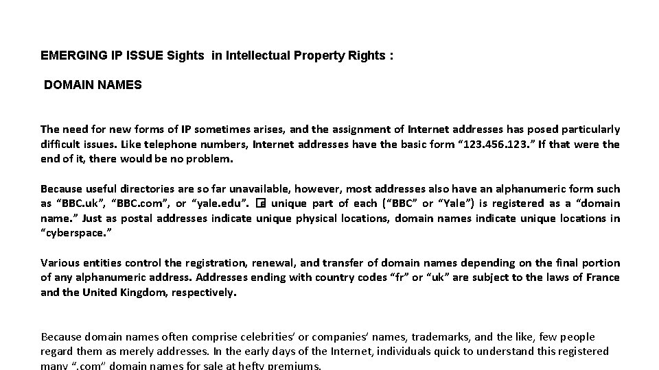 EMERGING IP ISSUE Sights in Intellectual Property Rights : DOMAIN NAMES The need for