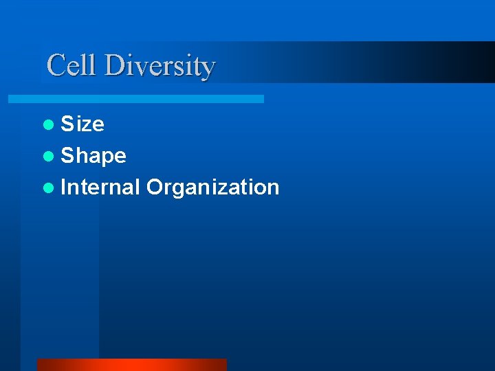 Cell Diversity l Size l Shape l Internal Organization 