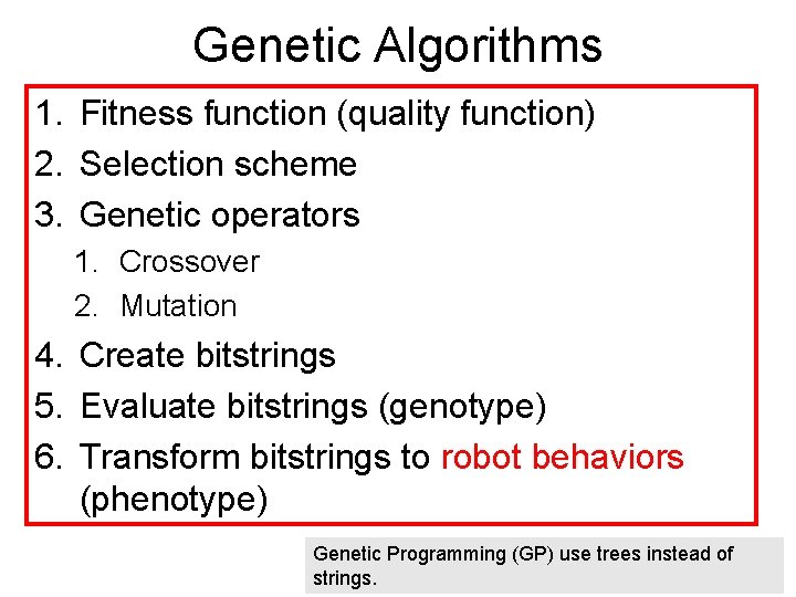 Genetic Algorithms 1. Fitness function (quality function) 2. Selection scheme 3. Genetic operators 1.