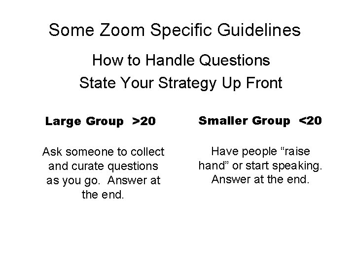 Some Zoom Specific Guidelines How to Handle Questions State Your Strategy Up Front Large