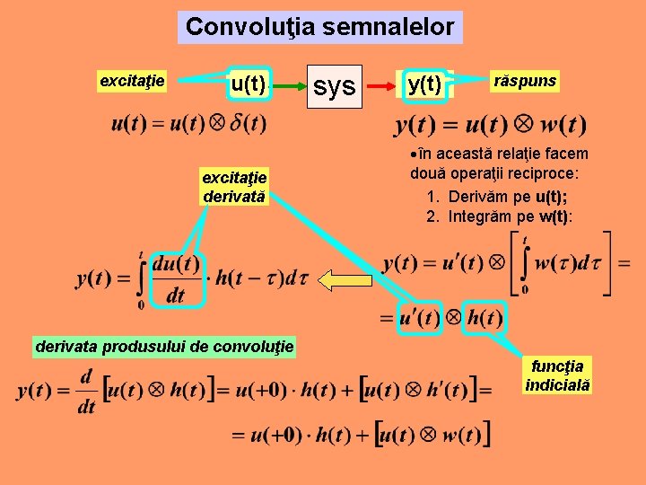 Convoluţia semnalelor excitaţie u(t) excitaţie derivată sys y(t) răspuns în această relaţie facem două