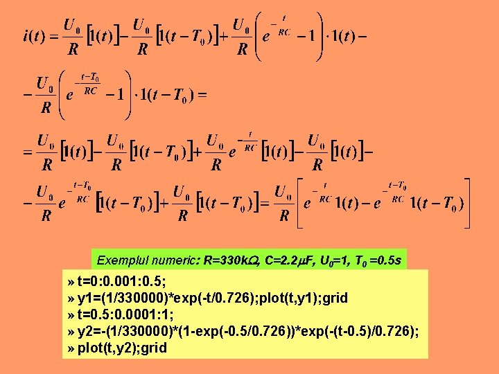 Exemplul numeric: R=330 k , C=2. 2 F, U 0=1, T 0 =0. 5