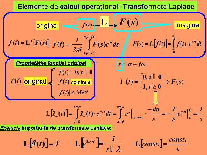 Elemente de calcul operaţional- Transformata Laplace L original Proprietăţile funcţiei original: original continuă Exemple