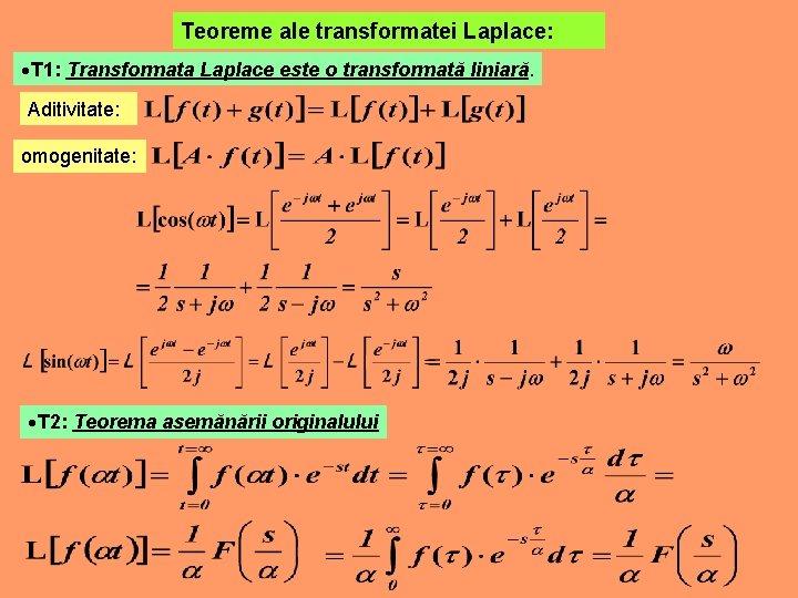 Teoreme ale transformatei Laplace: T 1: Transformata Laplace este o transformată liniară. Aditivitate: omogenitate: