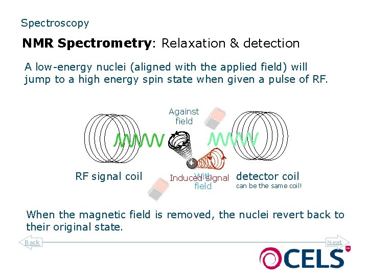 Spectroscopy NMR Spectrometry: Relaxation & detection A low-energy nuclei (aligned with the applied field)