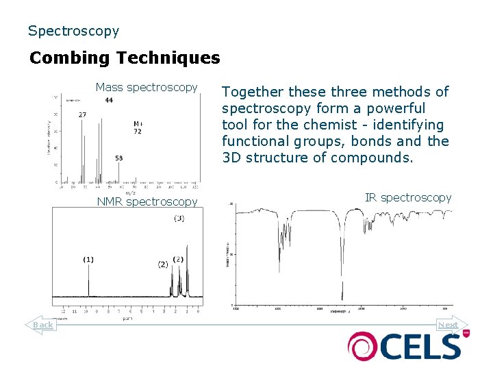 Spectroscopy Combing Techniques Mass spectroscopy NMR spectroscopy Back Together these three methods of spectroscopy