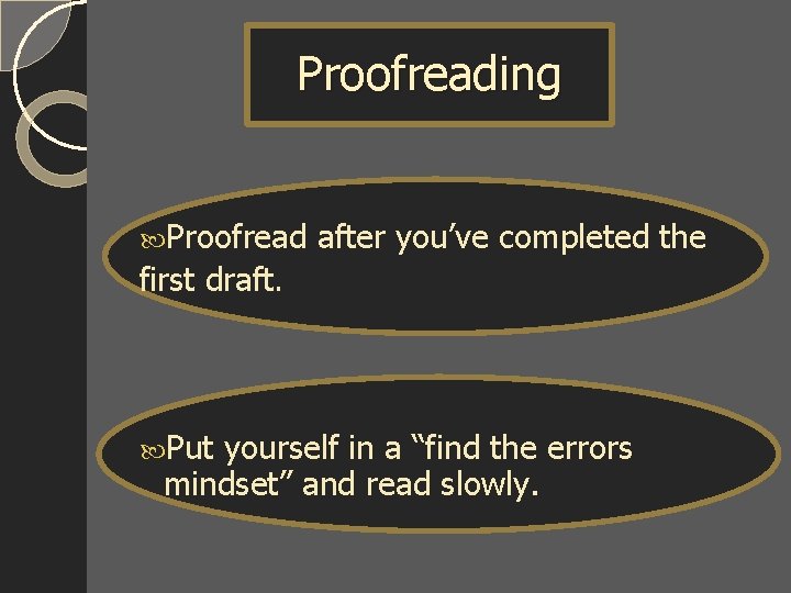 Proofreading Proofread after you’ve completed the first draft. Put yourself in a “find the