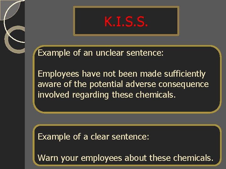 K. I. S. S. Example of an unclear sentence: Employees have not been made