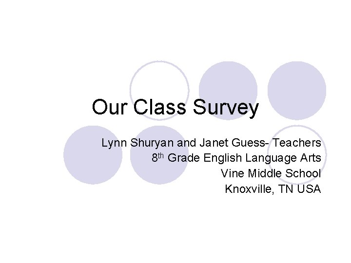 Our Class Survey Lynn Shuryan and Janet Guess- Teachers 8 th Grade English Language