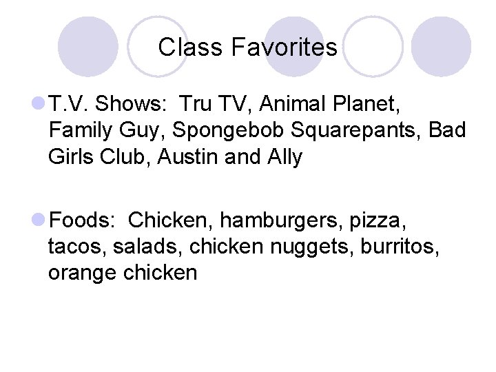 Class Favorites l T. V. Shows: Tru TV, Animal Planet, Family Guy, Spongebob Squarepants,