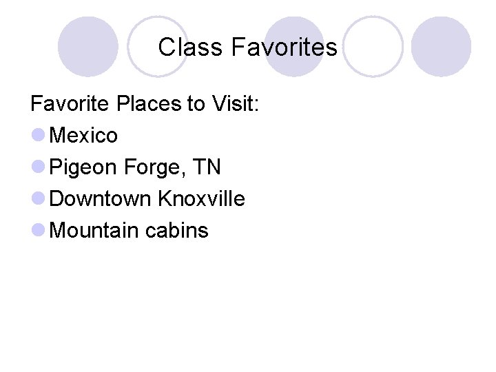 Class Favorite Places to Visit: l Mexico l Pigeon Forge, TN l Downtown Knoxville