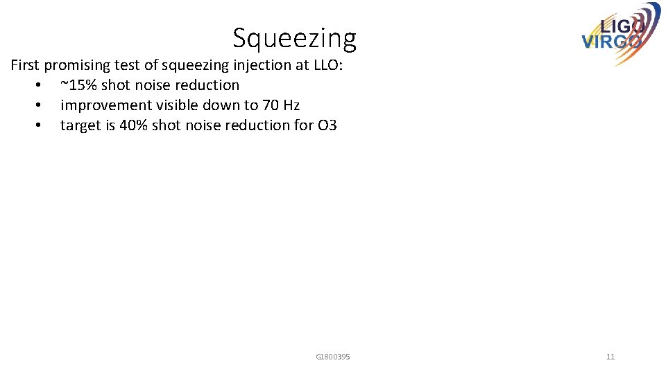 Squeezing First promising test of squeezing injection at LLO: • ~15% shot noise reduction