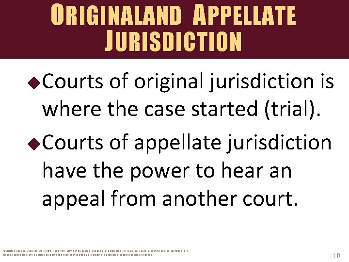 ORIGINALAND APPELLATE JURISDICTION Courts of original jurisdiction is where the case started (trial). Courts