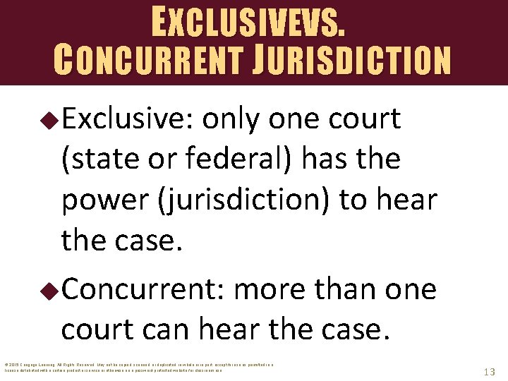 EXCLUSIVEVS. CONCURRENT JURISDICTION Exclusive: only one court (state or federal) has the power (jurisdiction)