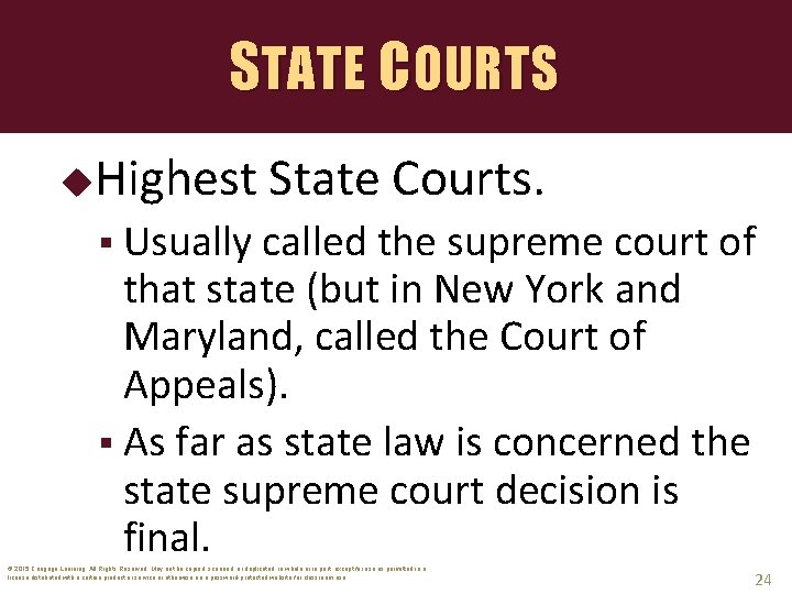 STATE COURTS Highest State Courts. § Usually called the supreme court of that state