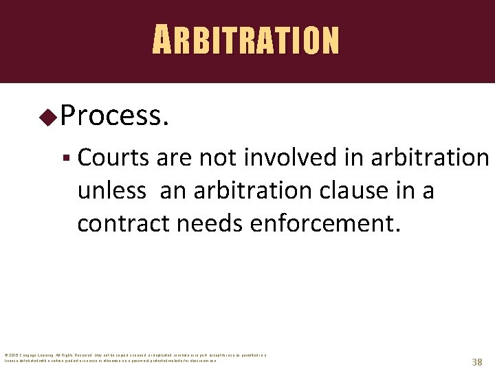 ARBITRATION Process. § Courts are not involved in arbitration unless an arbitration clause in