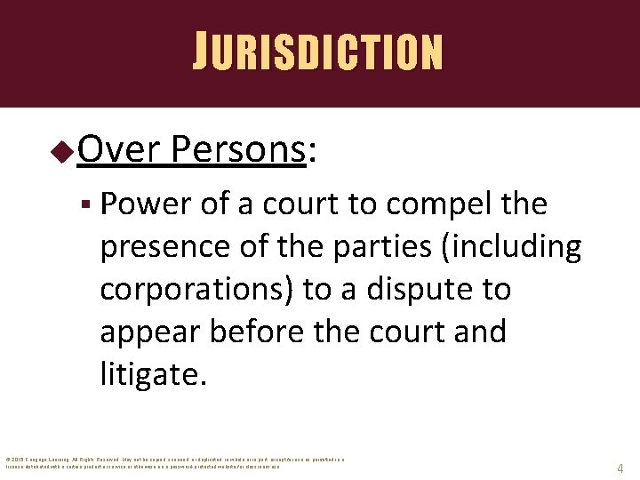 JURISDICTION Over Persons: § Power of a court to compel the presence of the