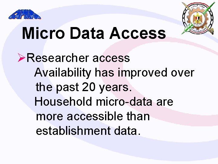 Micro Data Access ØResearcher access Availability has improved over the past 20 years. Household
