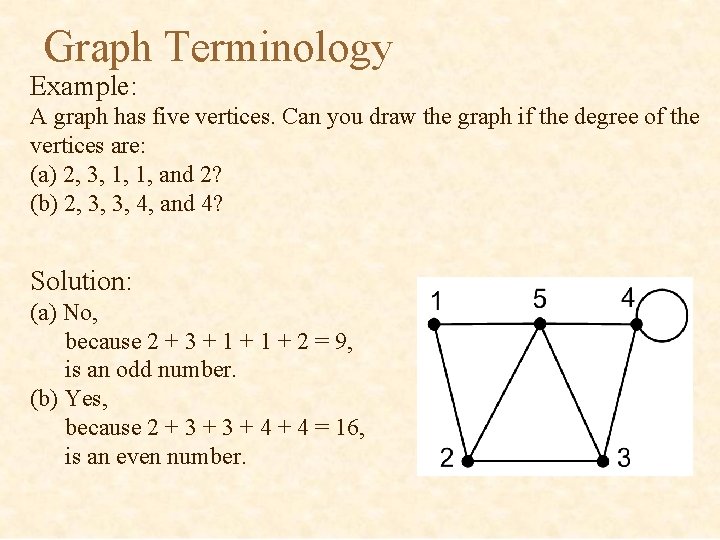 Graph Terminology Example: A graph has five vertices. Can you draw the graph if