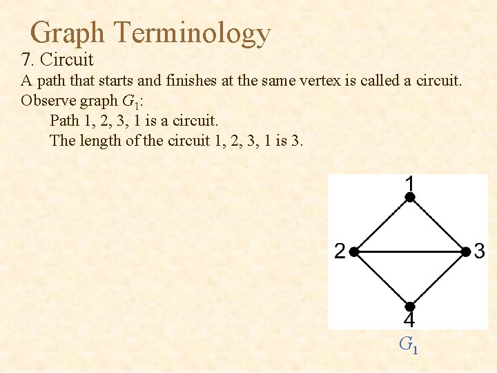 Graph Terminology 7. Circuit A path that starts and finishes at the same vertex