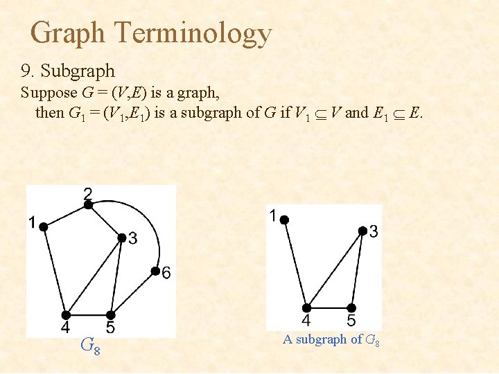 Graph Terminology 9. Subgraph Suppose G = (V, E) is a graph, then G