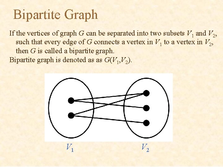 Bipartite Graph If the vertices of graph G can be separated into two subsets