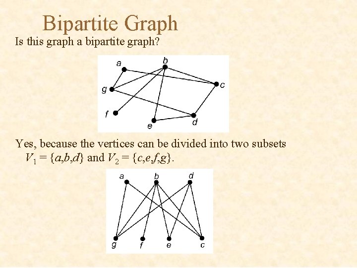 Bipartite Graph Is this graph a bipartite graph? Yes, because the vertices can be