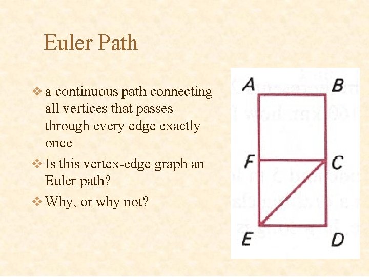 Euler Path v a continuous path connecting all vertices that passes through every edge