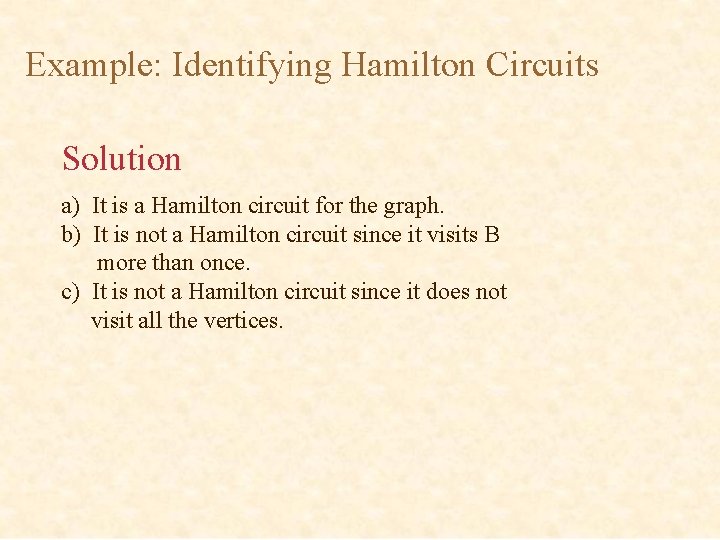 Example: Identifying Hamilton Circuits Solution a) It is a Hamilton circuit for the graph.