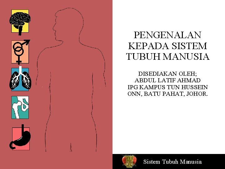PENGENALAN KEPADA SISTEM TUBUH MANUSIA DISEDIAKAN OLEH; ABDUL LATIF AHMAD IPG KAMPUS TUN HUSSEIN
