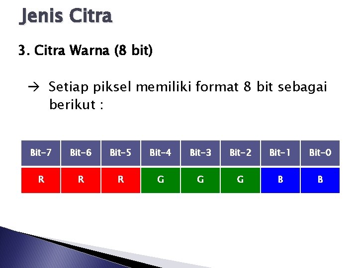 Jenis Citra 3. Citra Warna (8 bit) Setiap piksel memiliki format 8 bit sebagai