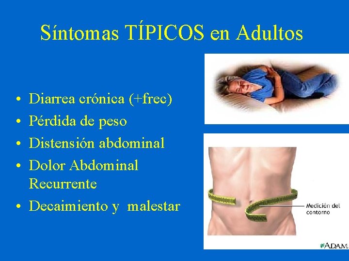 Síntomas TÍPICOS en Adultos • • Diarrea crónica (+frec) Pérdida de peso Distensión abdominal