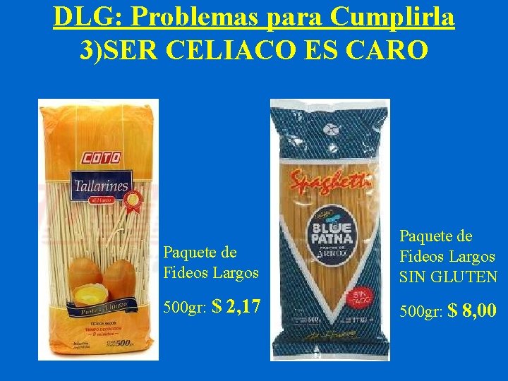 DLG: Problemas para Cumplirla 3)SER CELIACO ES CARO Paquete de Fideos Largos SIN GLUTEN