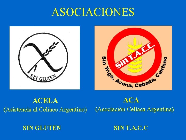 ASOCIACIONES ACELA (Asistencia al Celíaco Argentino) SIN GLUTEN ACA (Asociación Celíaca Argentina) SIN T.