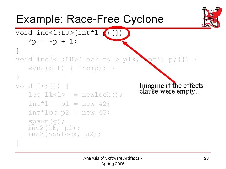 Example: Race-Free Cyclone void inc<l: LU>(int*l p; {}) { *p = *p + 1;