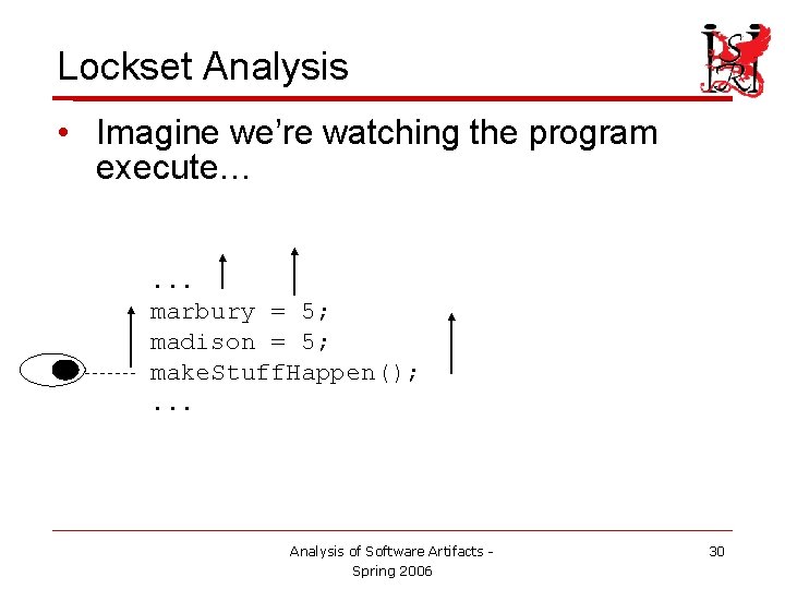 Lockset Analysis • Imagine we’re watching the program execute…. . . marbury = 5;