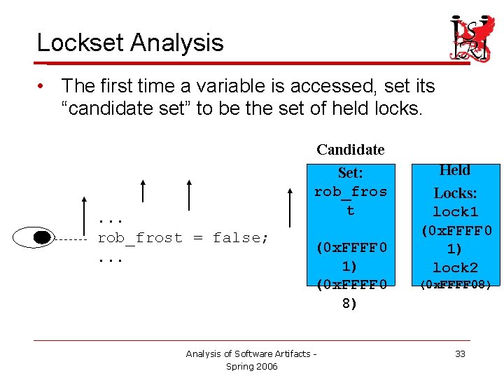 Lockset Analysis • The first time a variable is accessed, set its “candidate set”