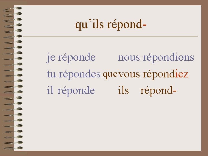 qu’ils répondje réponde nous répondions tu répondes que vous répondiez il réponde ils répond-