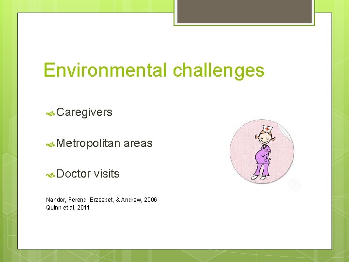 Environmental challenges Caregivers Metropolitan Doctor areas visits Nandor, Ferenc, Erzsebet, & Andrew, 2006 Quinn