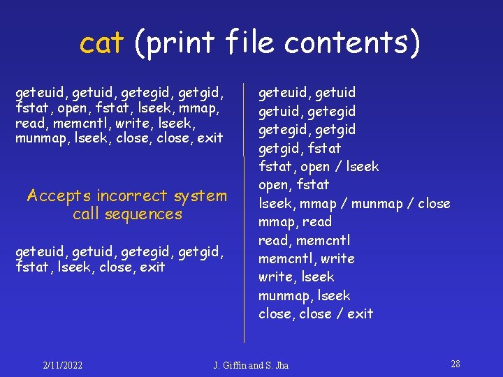 cat (print file contents) geteuid, getegid, getgid, fstat, open, fstat, lseek, mmap, read, memcntl,