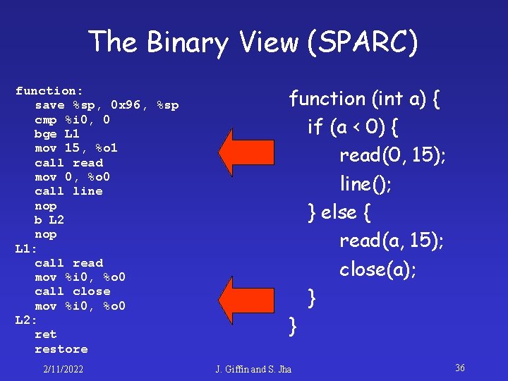 The Binary View (SPARC) function: save %sp, 0 x 96, %sp cmp %i 0,