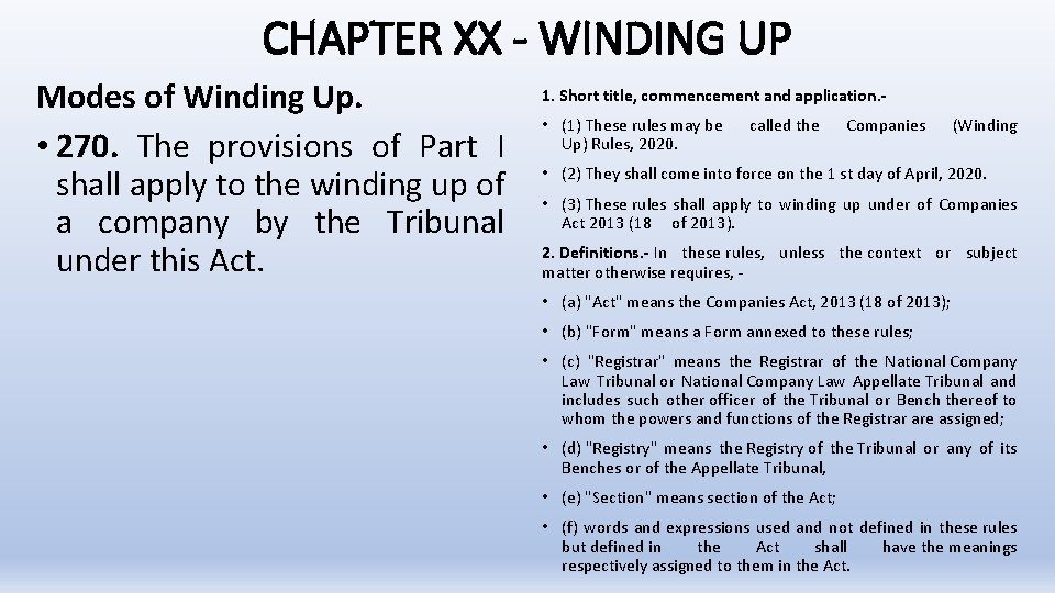 CHAPTER XX - WINDING UP Modes of Winding Up. • 270. The provisions of