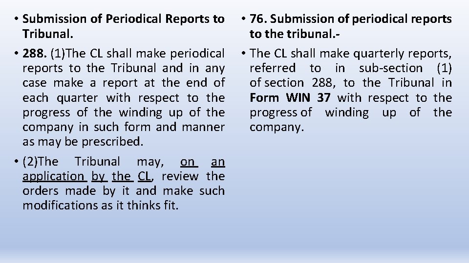  • Submission of Periodical Reports to Tribunal. • 288. (1)The CL shall make