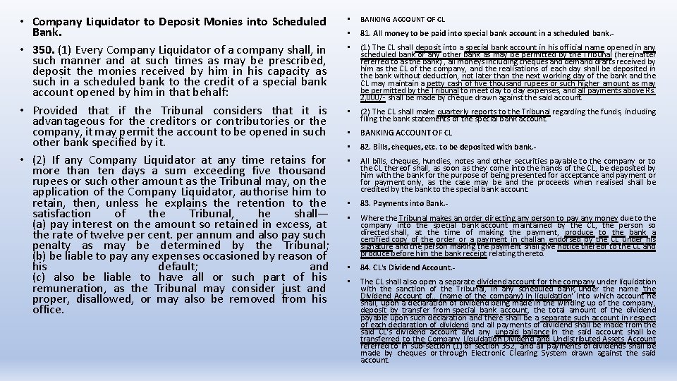  • Company Liquidator to Deposit Monies into Scheduled Bank. • 350. (1) Every
