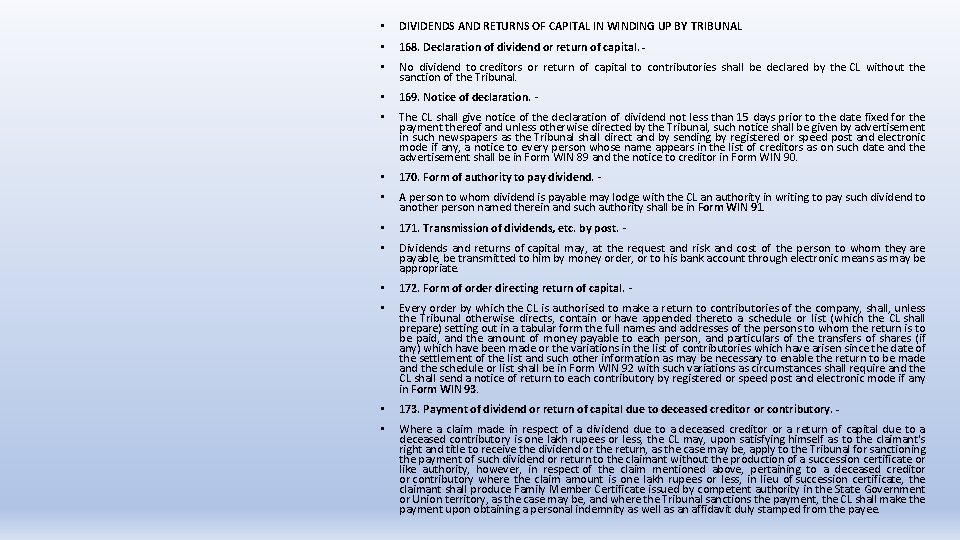  • DIVIDENDS AND RETURNS OF CAPITAL IN WINDING UP BY TRIBUNAL • 168.