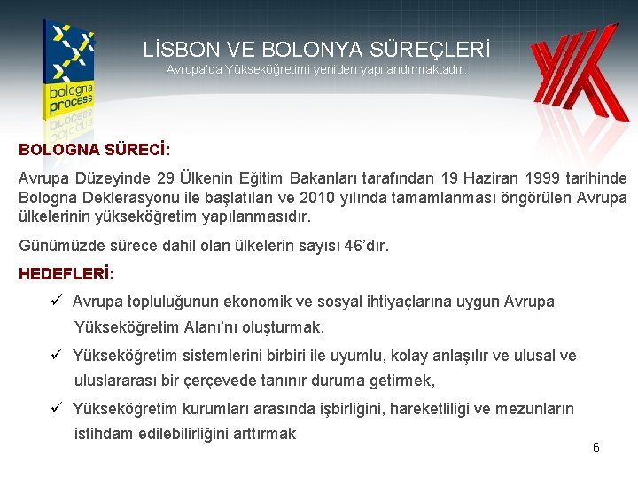 LİSBON VE BOLONYA SÜREÇLERİ Avrupa’da Yükseköğretimi yeniden yapılandırmaktadır. BOLOGNA SÜRECİ: Avrupa Düzeyinde 29 Ülkenin