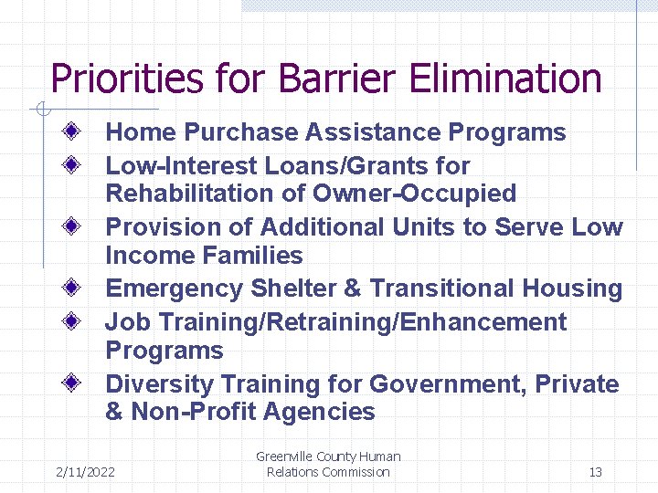 Priorities for Barrier Elimination Home Purchase Assistance Programs Low-Interest Loans/Grants for Rehabilitation of Owner-Occupied